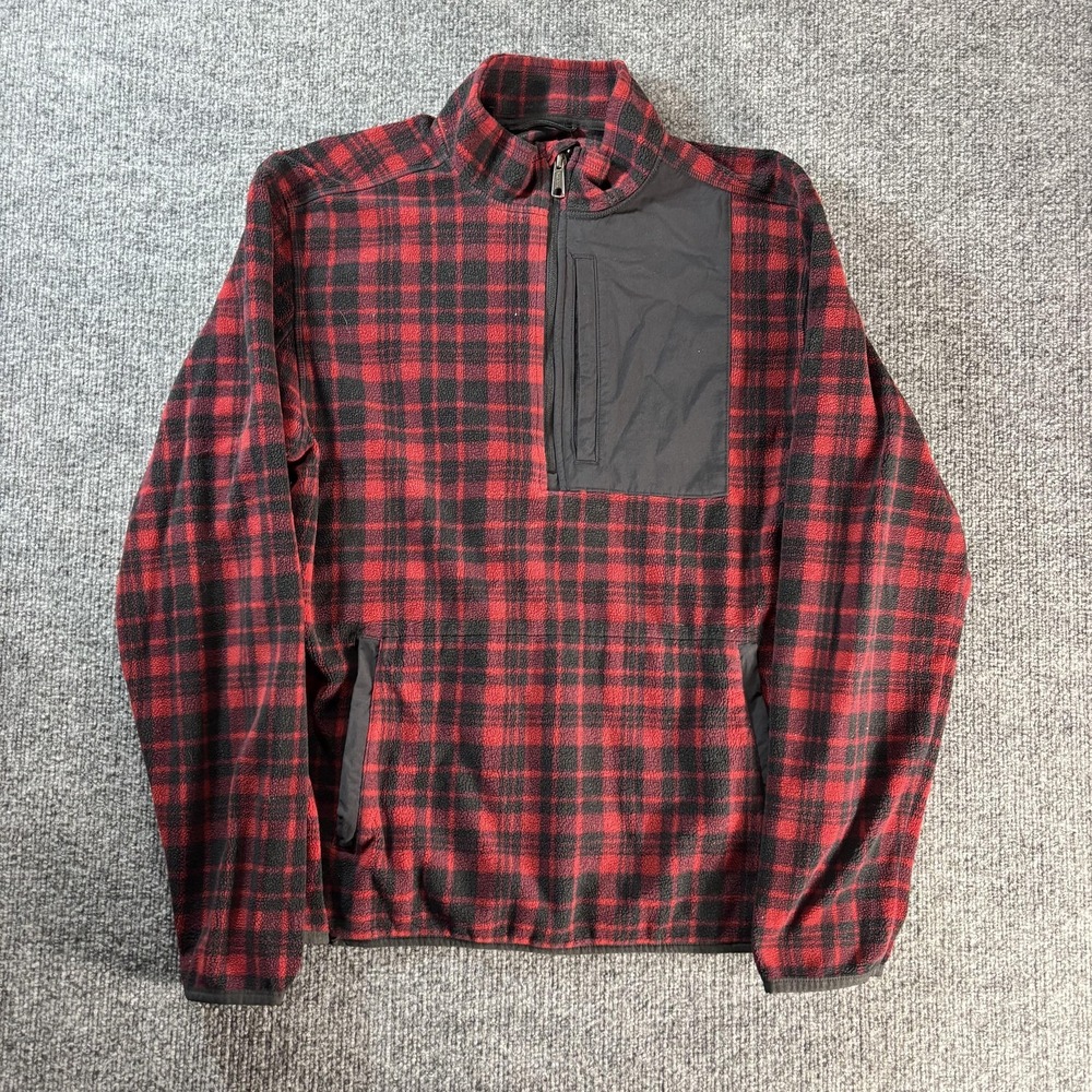 Duluth Trading Co Jacket Mens Medium Red Plaid Fleece 1/4 Zip Pullover Outdoor